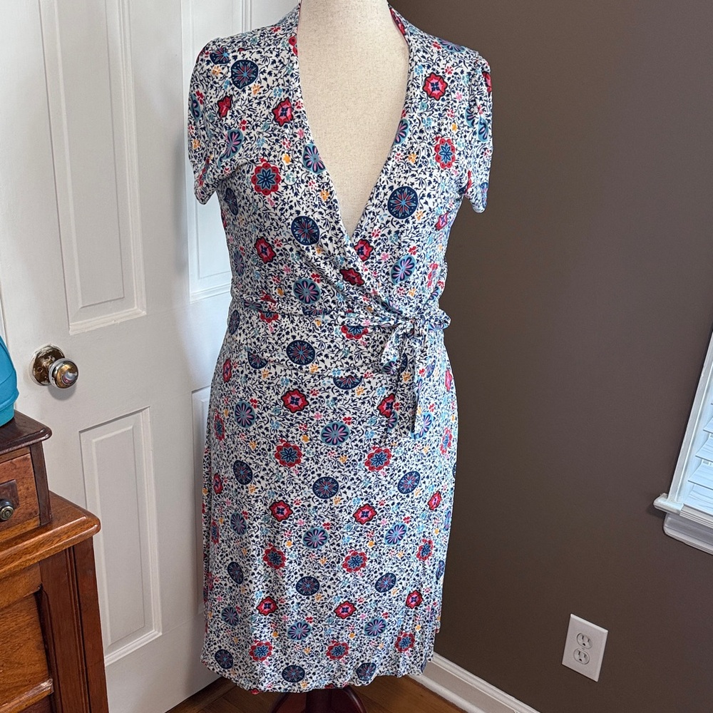 Boden Blue, White & Pink Floral Wrap Midi Dress